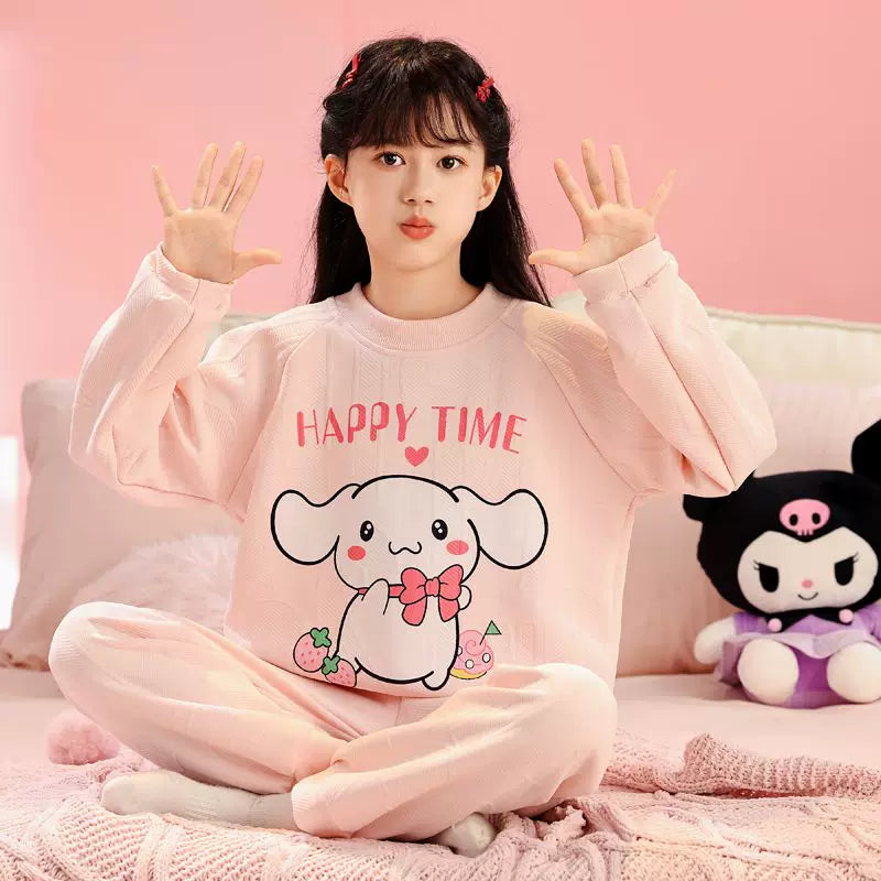 My Melody Qızları üçün Təmiz Pambıq Ev Geyimi, Payız və Qış, Böyük Uşaqlar üçün Üç Qatlı Yorğanlı Qalın İsti Pijamalar, Şirin Dəst