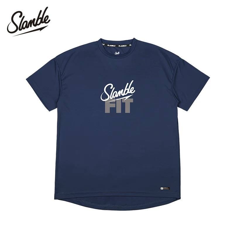 SLAMBLE yay yeni FIT qısaqol kişi köynəyi, dəyirmi boyunlu, tez quruyan nəfəs alan fitnes qaçış məşq forması