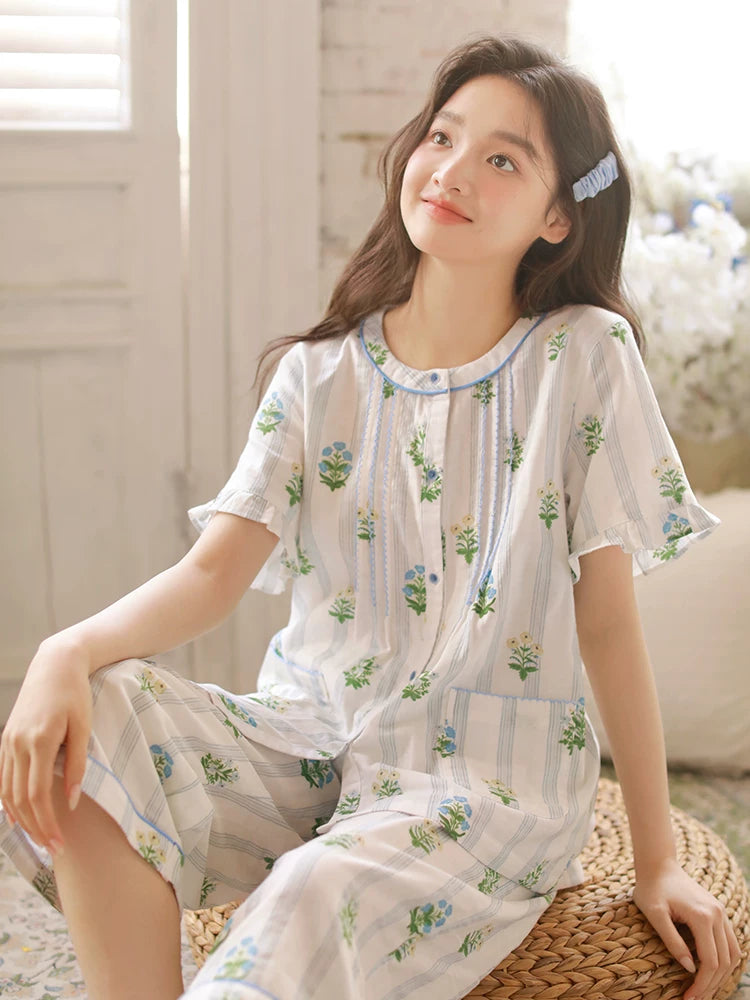Yay üçün yastıqlı pijama, qadınlar üçün yeni üslub, təmiz pambıqdan qısaqol kəsikli şalvar, şirin çiçəkli krujeva kostyumu, boş ev paltarı