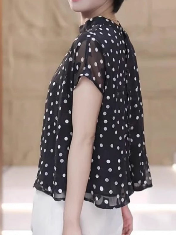 Qadınlar üçün Böyük Ölçülü Fransız Üslublu Geri Dönən Polka Nöqtəli Köynək, Yeni Yay Modeli, Arıqladıcı Dizayn, Qəşəng Qısaqol Top