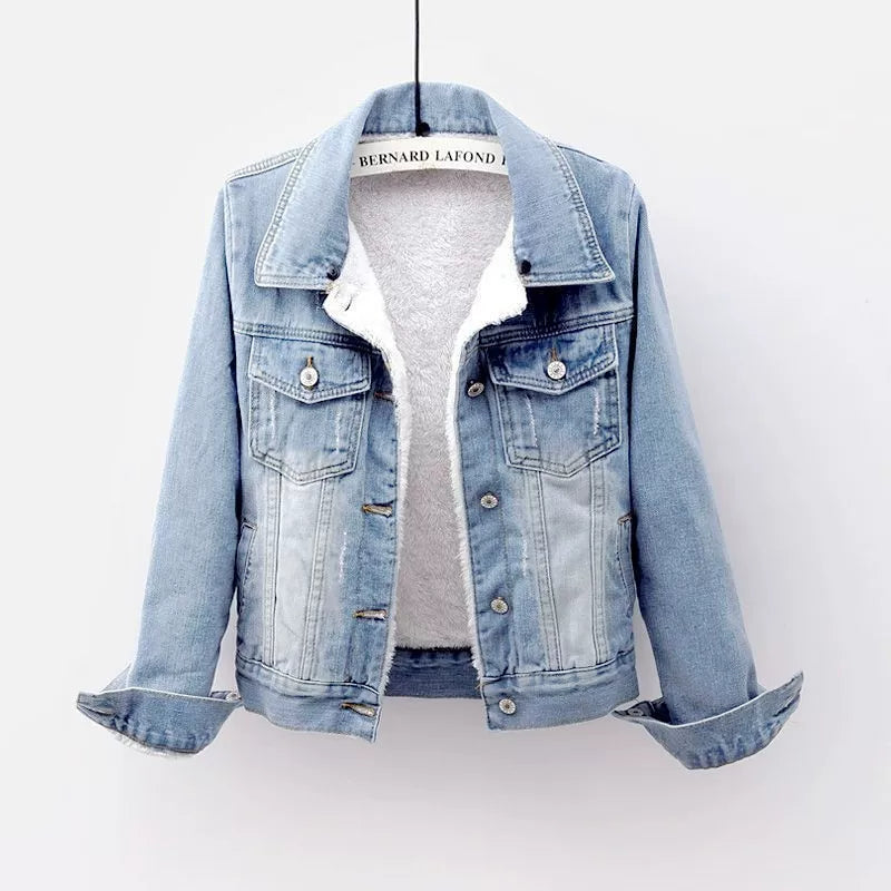 Qadın Denim Yastıqlı Gödəkçə, Yun astarlı, Qalın, Koreya üslubunda, Başlıqlı, 2025 Payız/Qış, İsti, Qısa Gödəkçə, Arıqladıcı