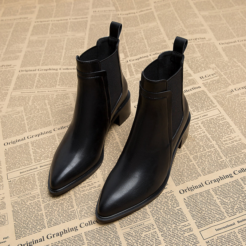 2025 Early Autumn Pointed Toe Mid Heel French Ankle Boots, Thick Heel Chelsea Brown Martin Women's Boots, Spring and Autumn