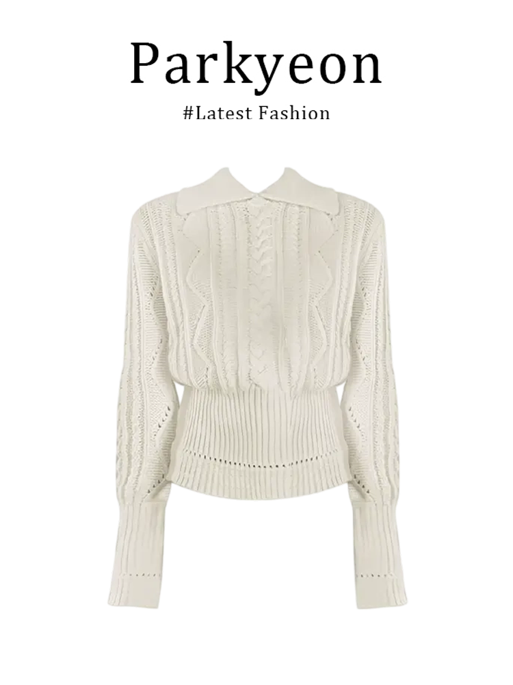 Parkyeon Korean style high-quality collar hollow long-sleeved knitted shirt and cargo straight-leg casual pants two-piece set