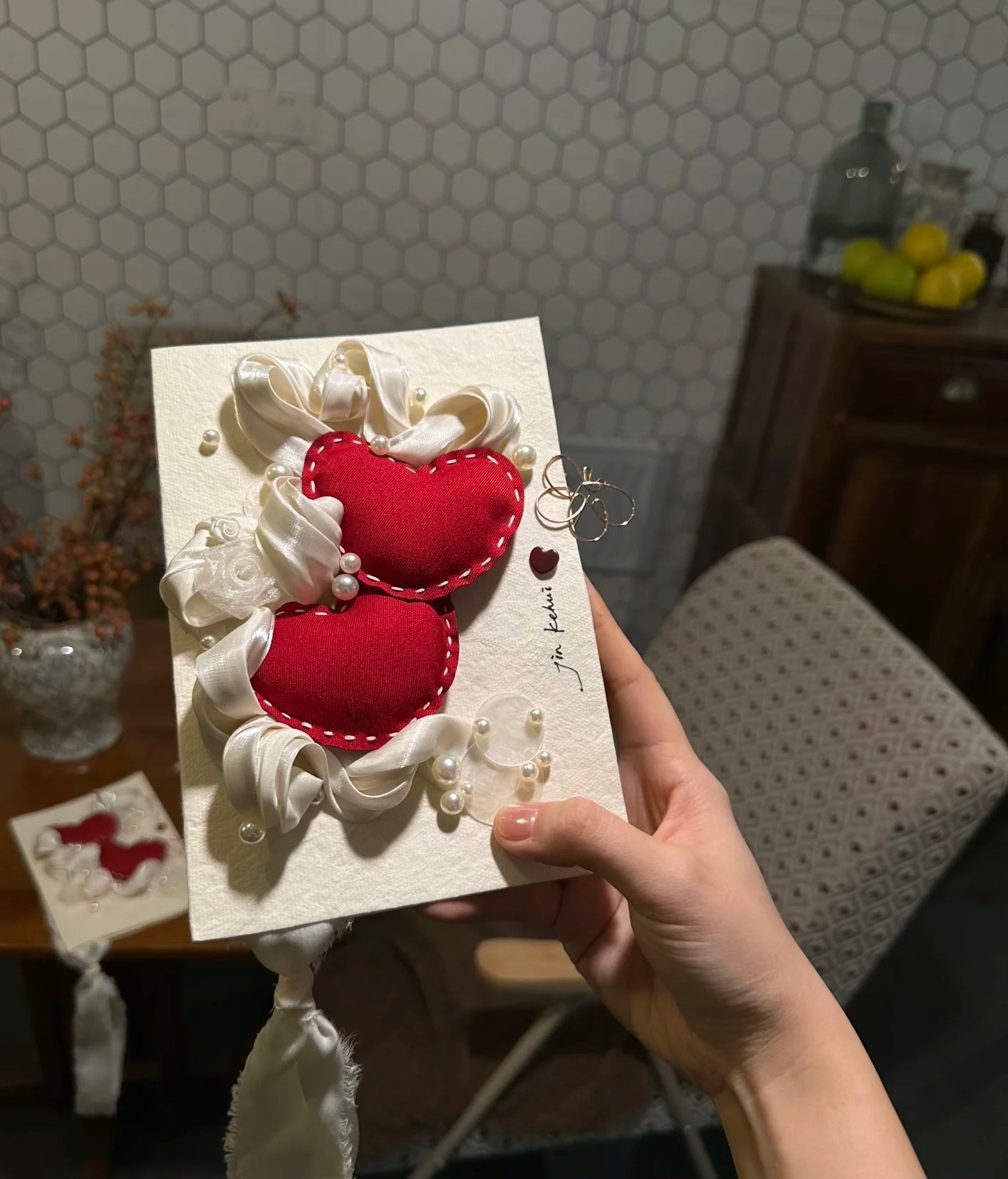 Wedding vows, veils, Dongba paper embroidered with pearls, Angolan red heart-shaped vow cards, vintage style.