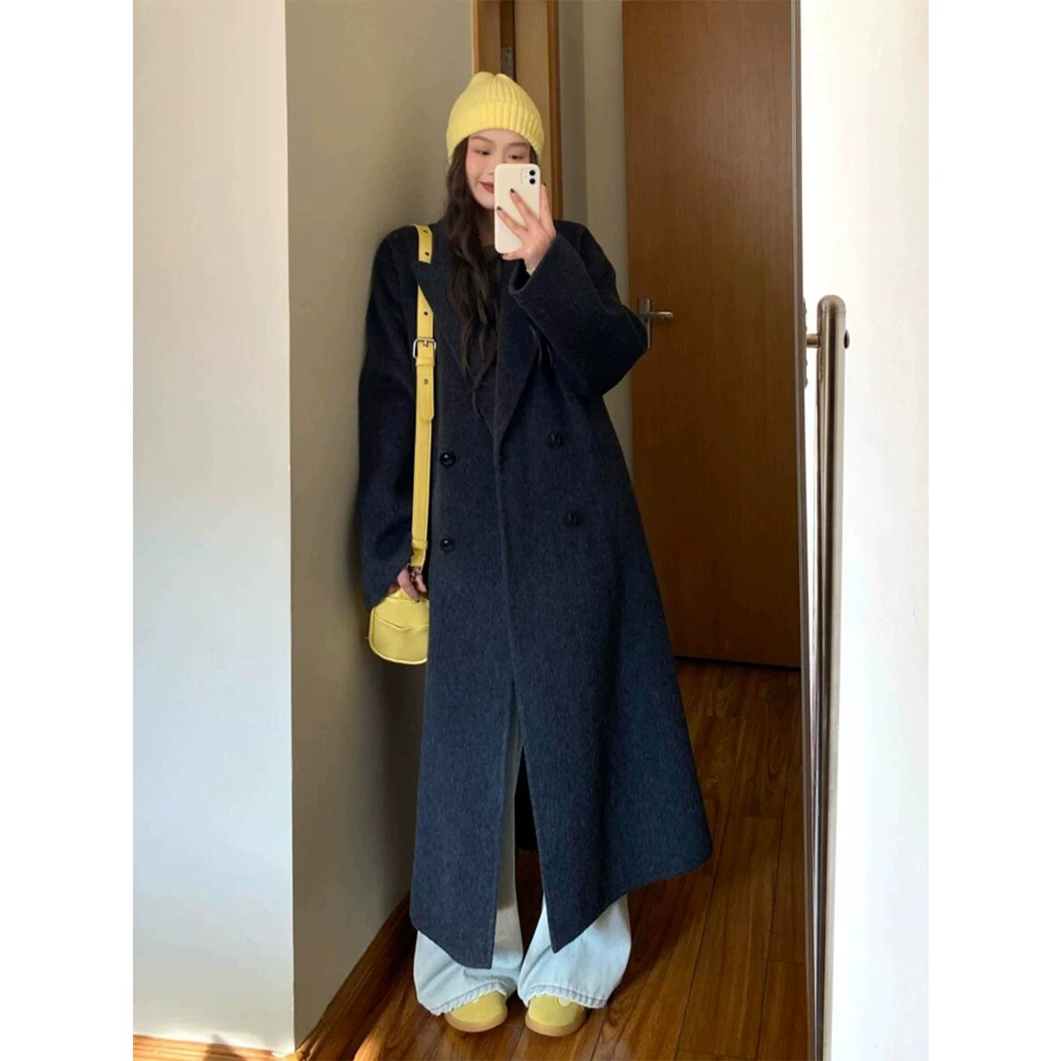 Hündür qadın üçün ikiüzlü yun palto, əlavə uzun, 2025 payız/qış üslubunda, boz, Koreya üslubunda, tüklü yun palto.