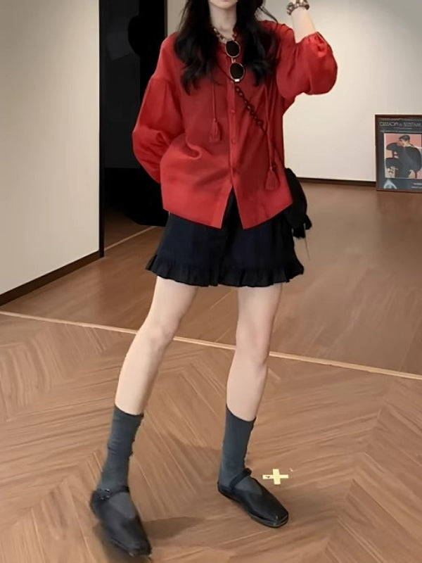 Böyük Ölçülü Qadın Üç Dörddə Bir Qollu Qırmızı Günəşdən Qoruyucu Köynək, Yay Nazik Püsküllü Qalstuk, Boş Oturacaqlı Super Arıqladıcı Köynək