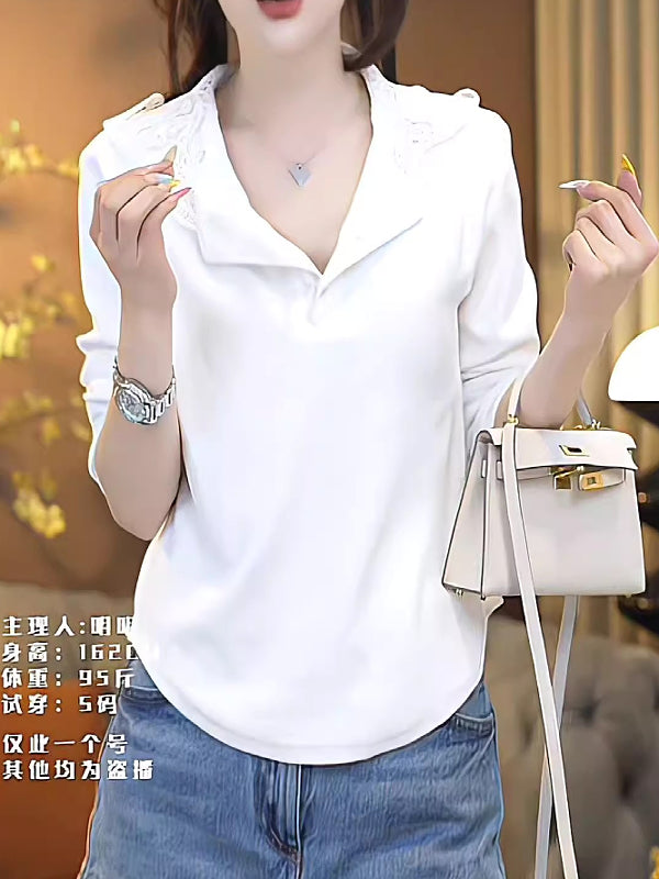 Artıq bədən quruluşuna malik qadınlar üçün şık və şık təmiz pambıq krujeva kapşonlu futbolka, yaz, arıqlama və gənc görünüş üçün mükəmməldir, əsas üst qat.