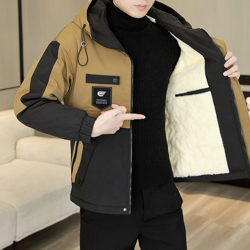 Yun astarlı və qalınlaşdırılmış kişi pambıqlı palto, dəbli Koreya üslubunda başlıqlı pambıqlı gödəkçə, şık, çox yönlü və isti kişi pambıqlı geyimləri