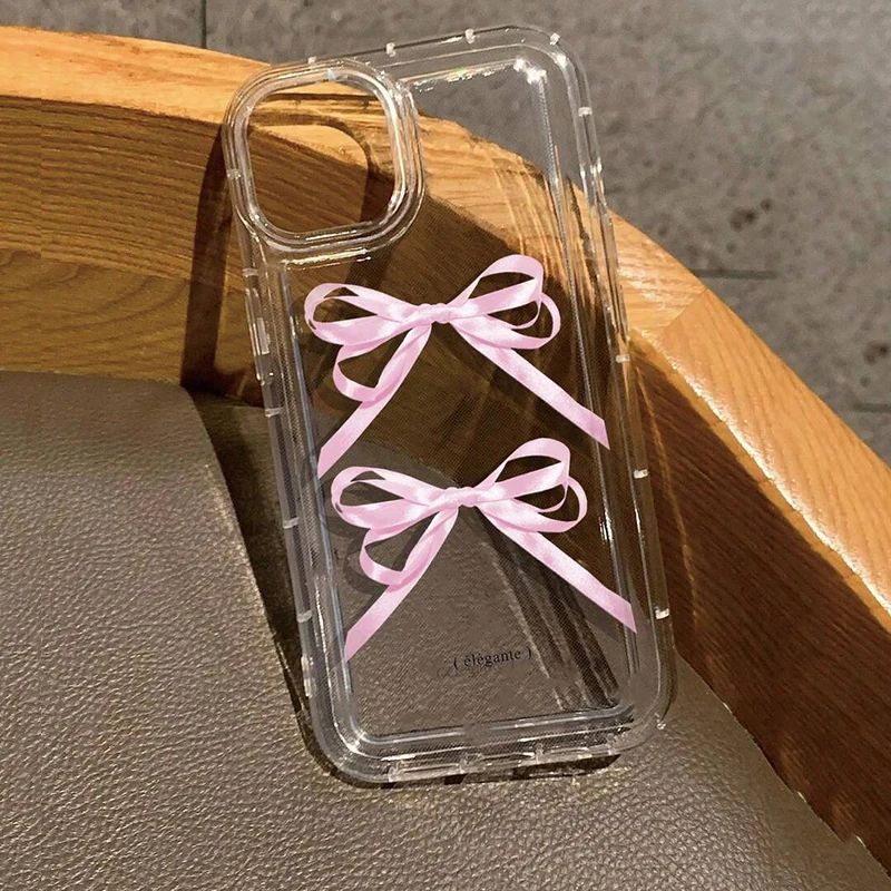 iPhone 15 üçün Koreyalı Şirin Çəhrayı Bowknot Şəffaf Telefon Çantası