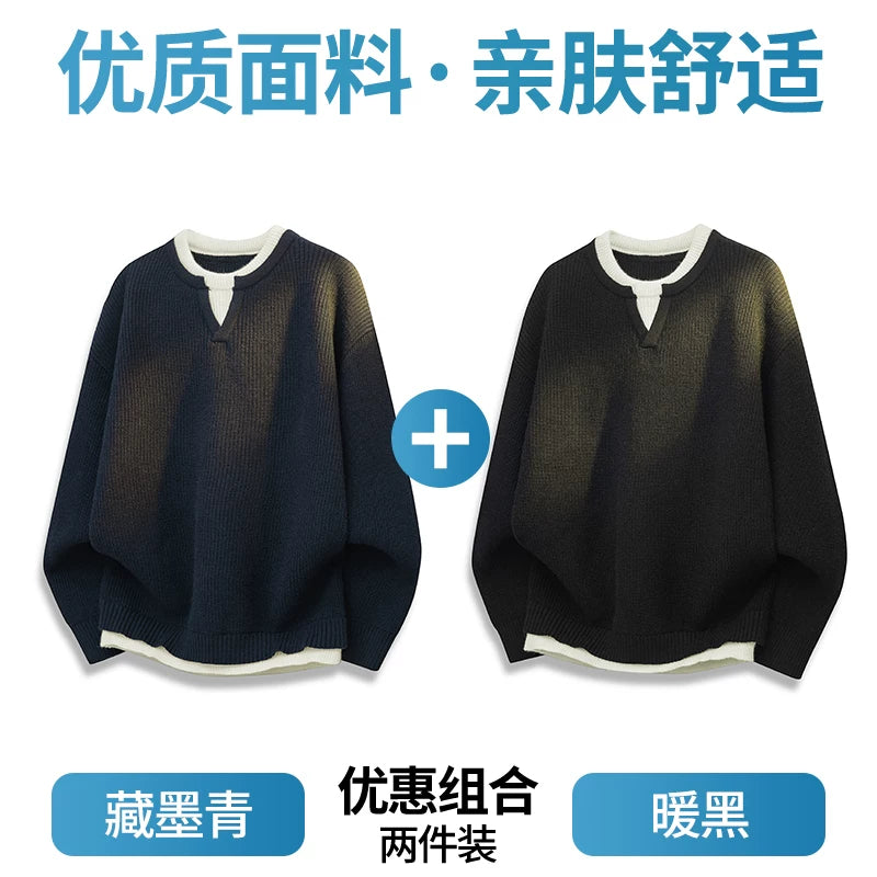 Romon Faux İki Hissəli Sviter Kişilər üçün 2025 Yeni Payız və Qış İsti Trikotaj Qalınlaşdırılmış Daxili Qatlı Kişi Topu