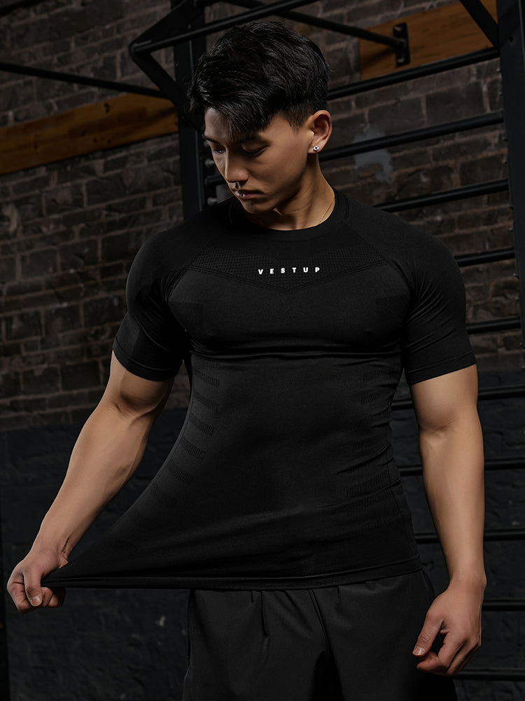 Vest Up Amerika slim fit tikişsiz fitnes qısaqol kişi teksturalı qısaqol yüksək elastik qırış əleyhinə tayt kişi köynəyi
