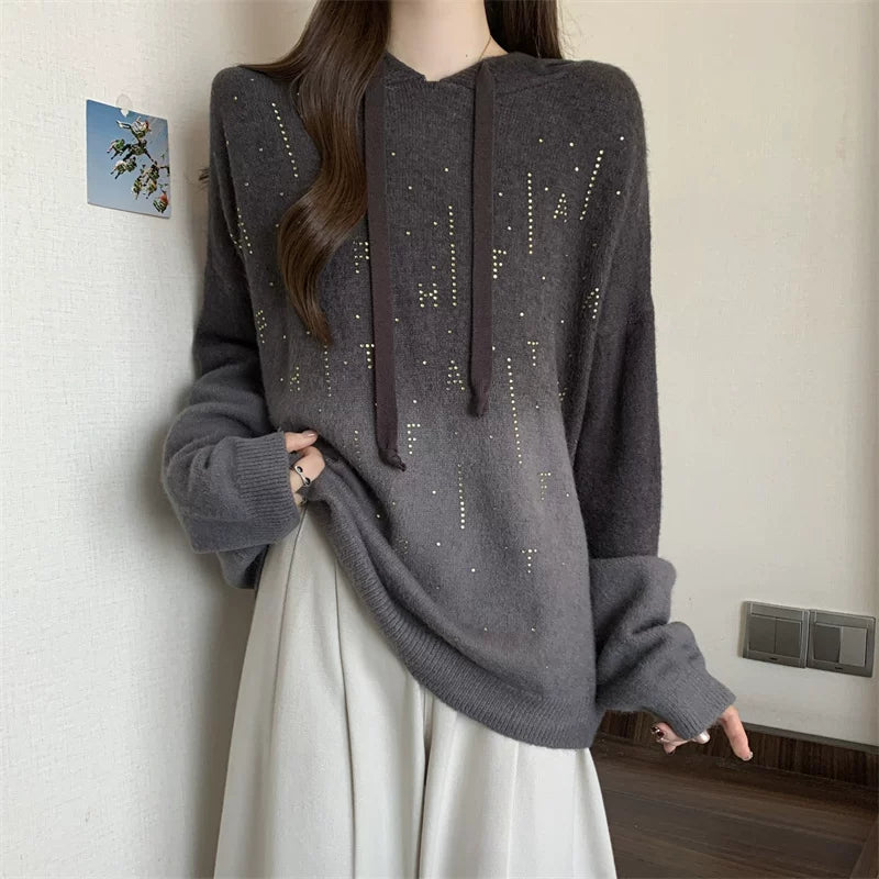 Qəşəng qradiyentli başlıqlı sviter, yeni 2026-cı ilin yaz dəbi, böyük ölçülü qadın geyimləri, dəbli Avropa üslubunda boş toxunmuş köynək.