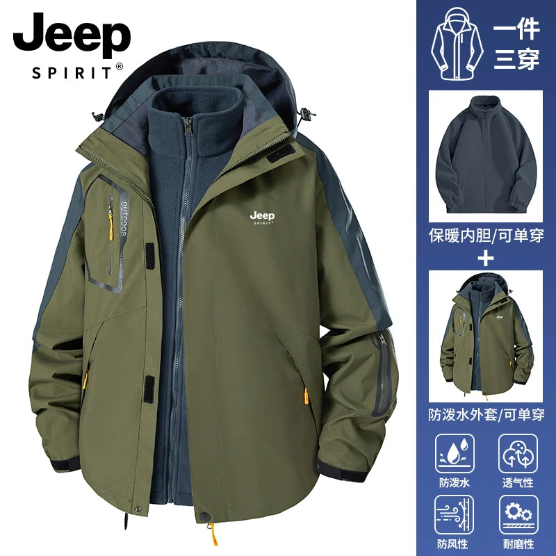 JEEP Kişilər üçün 2025-ci il Yeni Model Yaz, Payız və Qış Üçlü Birdə Yun Astarlı Qalın Kişi Üst Geyimləri