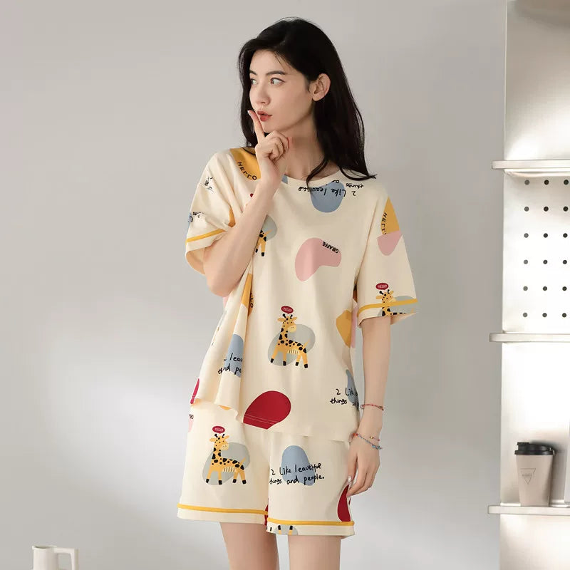 Fenton Ke'an pijama qadın yay təmiz pambıq qısaqol şort yay nazik qadın sevimli karikatura bunny ev paltarı