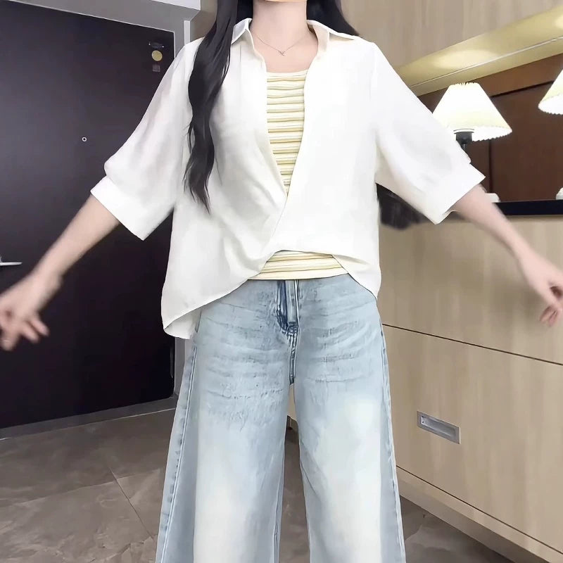 Böyük ölçülü qadınlar üçün 2026 yay yeni stilində boş yamaqlı iki hissəli köynək, arıqladıcı gündəlik qısaqol köynək
