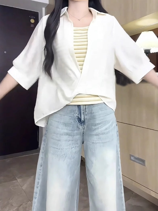 Böyük ölçülü qadınlar üçün 2026 yay yeni stilində boş yamaqlı iki hissəli köynək, arıqladıcı gündəlik qısaqol köynək