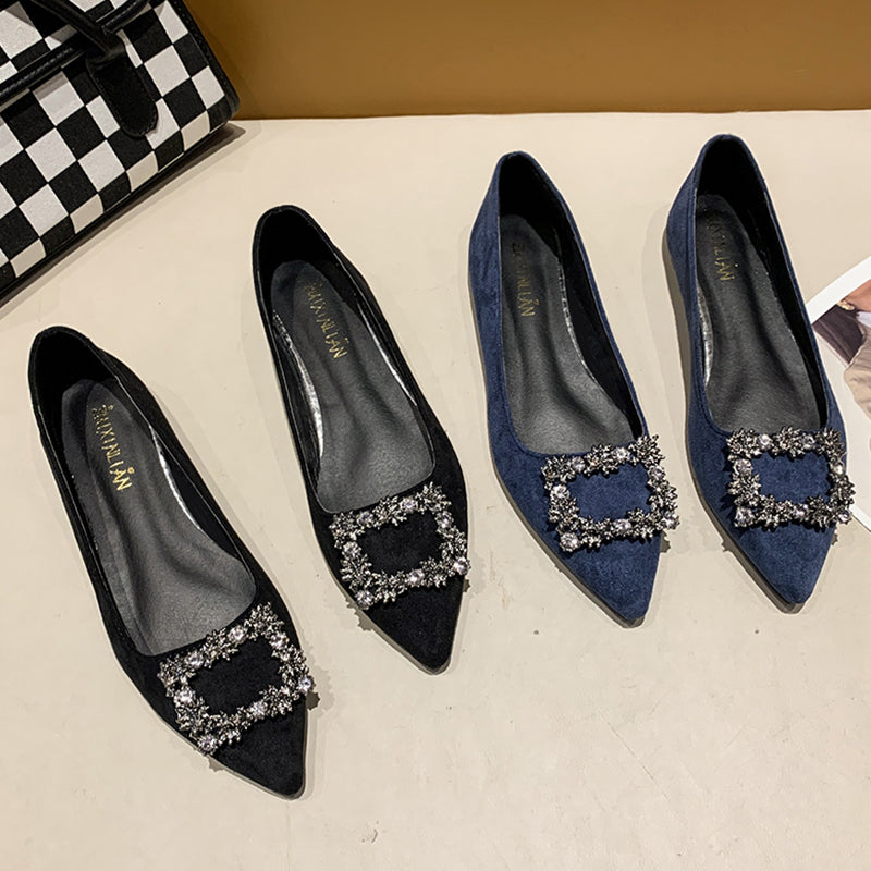 Qadınlar üçün 2025 Yeni Stil Zamşa Düz Rhinestone Tokalı Tək Ayaqqabı, Dayaz Ağız, Uclu Barmaq, Yumşaq Altlıq, Çoxfunksiyalı Qara Peşəkar İş Ayaqqabıları
