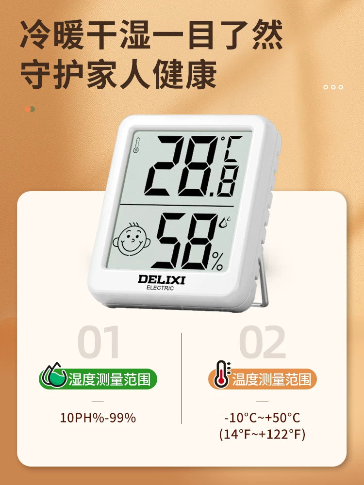 Delixi yüksək dəqiqlikli mini temperatur və rütubət ölçən termometr ev qapalı uşaq otağı divara quraşdırılmış dəqiq hiqrometr