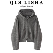 Chola Lisa Boz Sviter Kardiqan, Payız/Qış Yüksək Zövqlü Daxili Qatlı Top, Koreya Üslubunda Tənbəl Başlıqlı Örgü Kardiqan