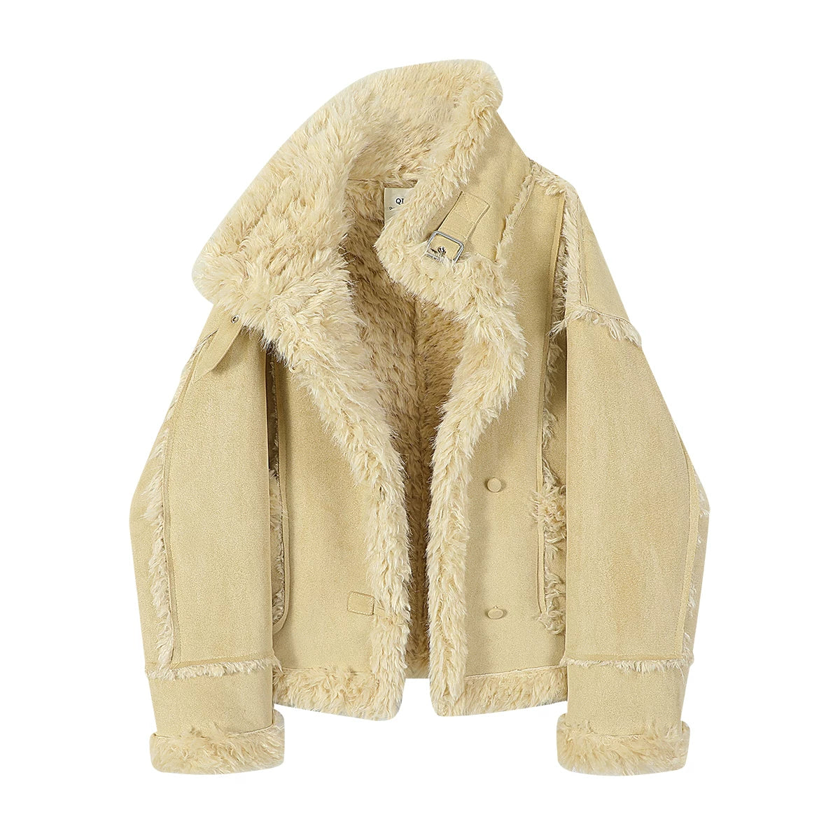 Cholisa-nın qışın əvvəlləri üçün hazırlanmış, yüksək səviyyəli bir görünüşə və qırxılmış yun bəzəklərə malik, sərin və şık qısa, qalın quzu yunundan hazırlanmış xəz palto.