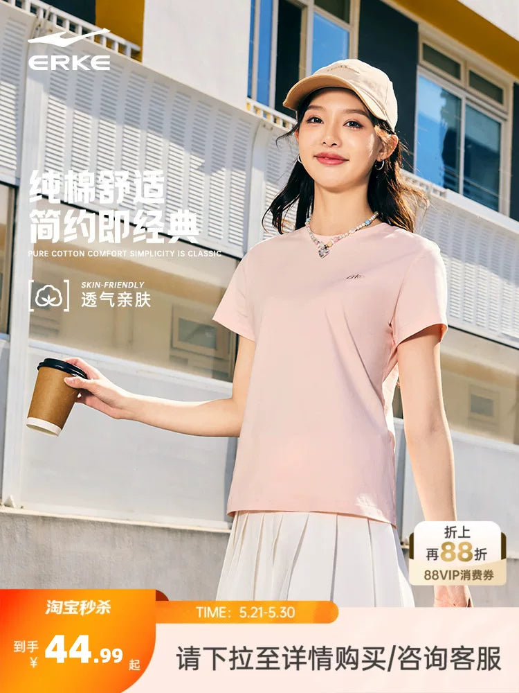 Hongxing Erke Qısaqol Qadın 2026 Yay Yeni Qadın İdman Pambıq T-shirt Qadın Ana Yarımqol Top