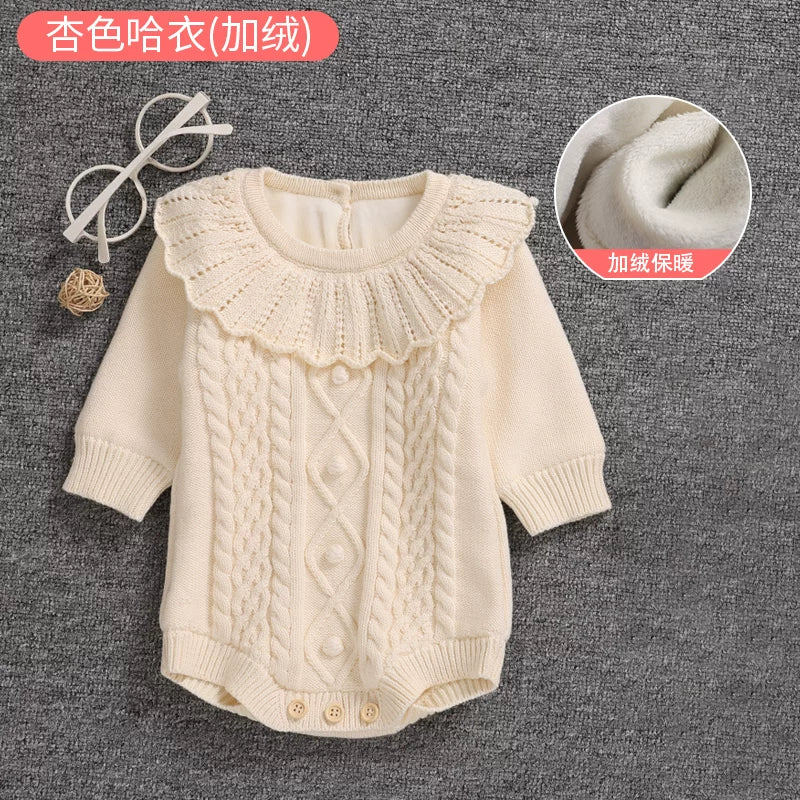 Qız uşağı üçün qış sviteri, yun astarlı, yeni doğulmuş/tam aylıq körpə geyimləri, şahzadə stilində şık romper, ilk ad günü dəsti, qırmızı.