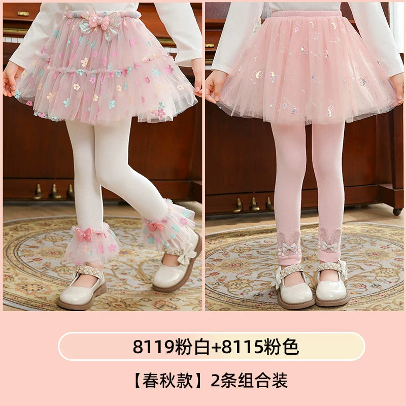 Qızlar üçün bir hissəli ətək şalvarları, 2025-ci ilin yaz və payız mövsümü üçün yeni model uşaq qış geyimləri, flis astarlı, süni iki hissəli leqinslər, ağ, çöldə geyinmək üçün.