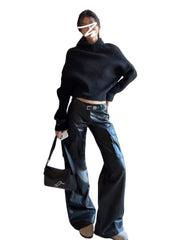 Qadın qara rəngli balıqçı yaxalı sviter, 2025-ci ilin payız/qış mövsümünün yeni, dəbli modeli, unikal və gözəl, toxunmuş üst geyim kimi geyinmək üçün mükəmməldir.