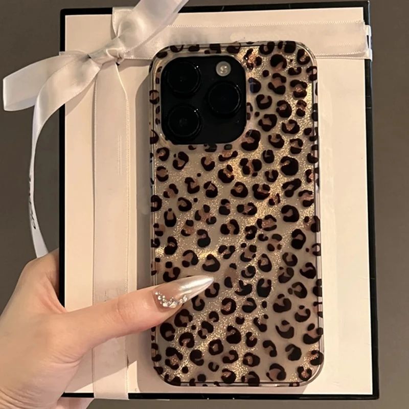 Cute leopard print transparent phone case for iPhone 16 15 14 13 1