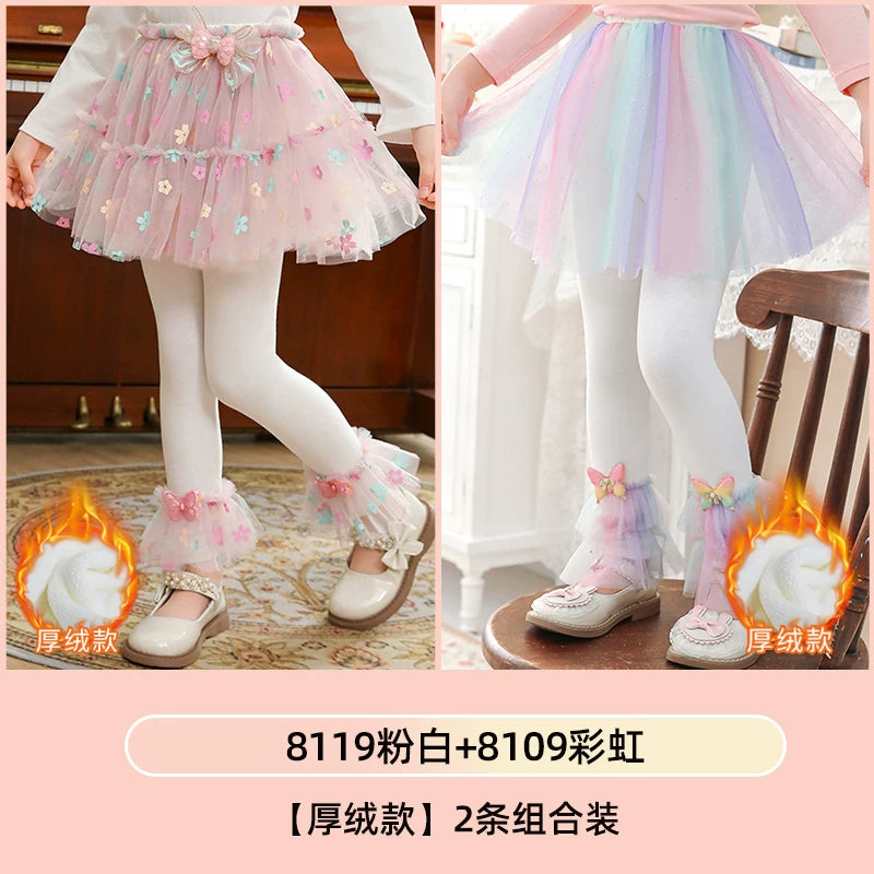 Qızlar üçün bir hissəli ətək şalvarları, 2025-ci ilin yaz və payız mövsümü üçün yeni model uşaq qış geyimləri, flis astarlı, süni iki hissəli leqinslər, ağ, çöldə geyinmək üçün.