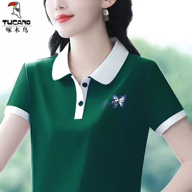 Clearance Pickup Woodpecker Orijinal Satılır Pambıq POLO Köynək Qısaqol Yay Çox Yönlü Moda İncə Rahat T-Shirt Qadınlar üçün
