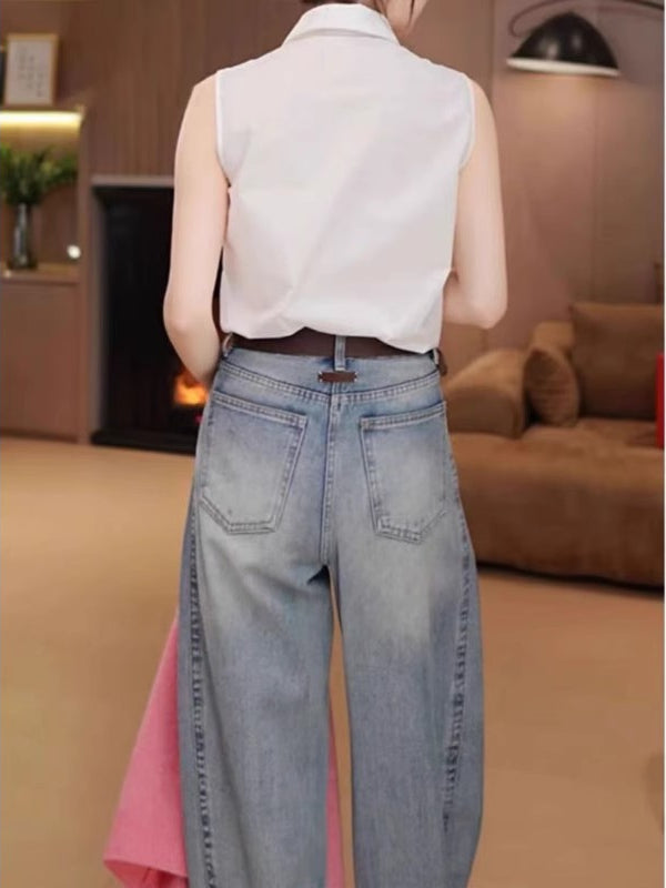 Böyük ölçülü qadın geyimləri, 2026 Yaz/Yay yeni dəbi, ağ rəngli boş və laylı şık daxili qolsuz jilet köynək topu