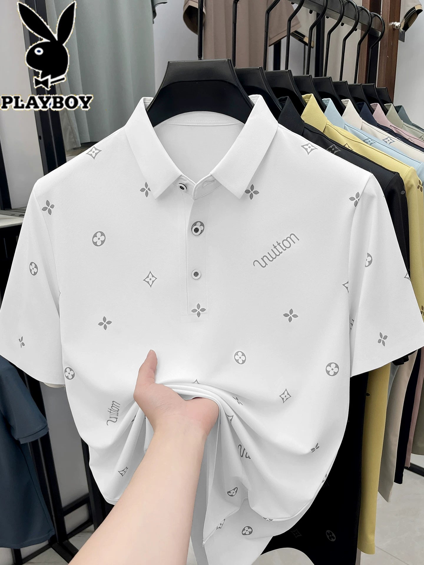 Playboy buz ipək qısaqol kişi yay köynəyi kişilər üçün yeni moda yarımqol tikişsiz sərin POLO köynək topları