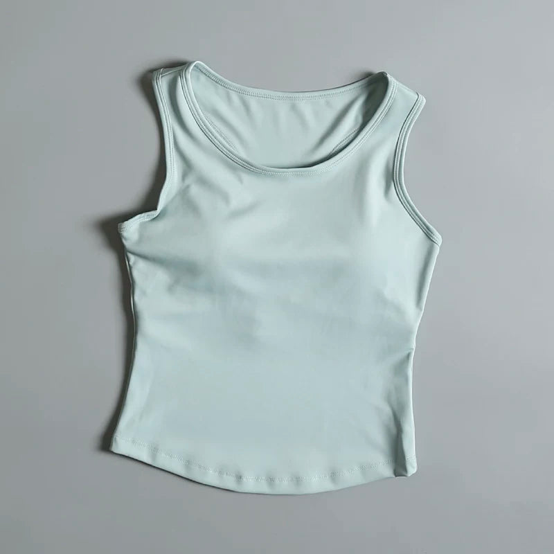 Yayda qadınlar üçün sinə yastığı olan qolsuz jilet, arıqlayan, nəfəs ala bilən, tez quruyan, peşəkar yoqa geyimi, idman üstləri, fitnes paltarları