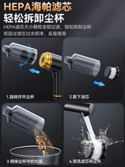 A handheld mini car vacuum cleaner with high suction power and wireless charging function, suitable for use both at home and in the car.
