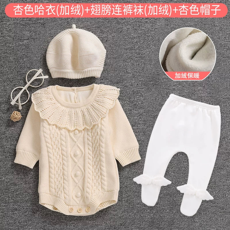 Qız uşağı üçün qış sviteri, yun astarlı, yeni doğulmuş/tam aylıq körpə geyimləri, şahzadə stilində şık romper, ilk ad günü dəsti, qırmızı.