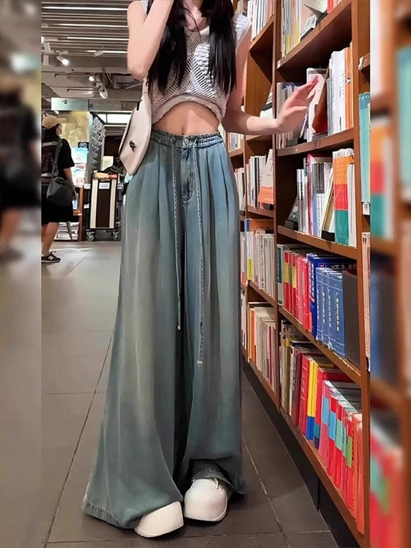 Qadınlar üçün böyük ölçülü Tencel denim cins şalvar, yay üslubunda, nazik, enli ayaqlı, yüksək belli, boş, çoxfunksiyalı, gündəlik şalvar.