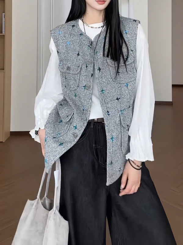 Koreya üslubunda Chanel-dən ilhamlanmış boz rəngli qadınlar üçün jilet, böyük ölçüdə, geniş formada, erkən yaz üçün idealdır.