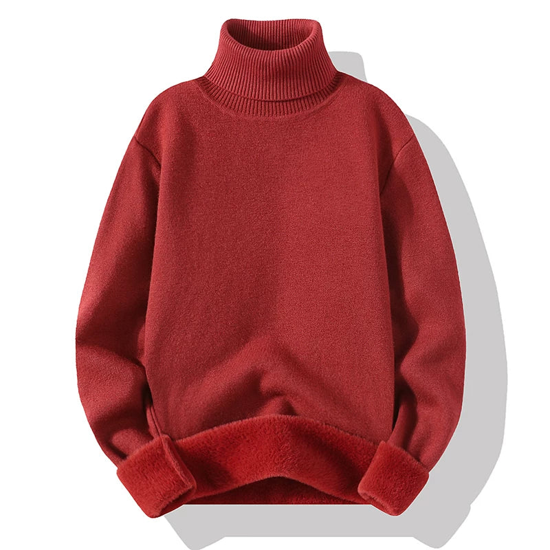 Kişilər üçün balıqçı yaxalı sviter, yun sviter, payız və qış iç qatı, flis astarlı, qalınlaşdırılmış ağ bir hissəli flis trikotaj