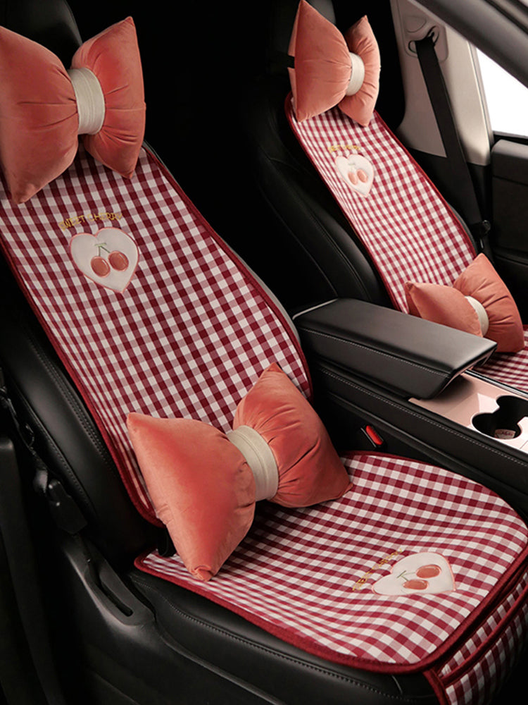Checkered Cherry Car Seat Cushion, All Seasons, Linen One Piece, Goddess Style Seat Cover, Semi-Folded, Suitable for Winter and Summer Use