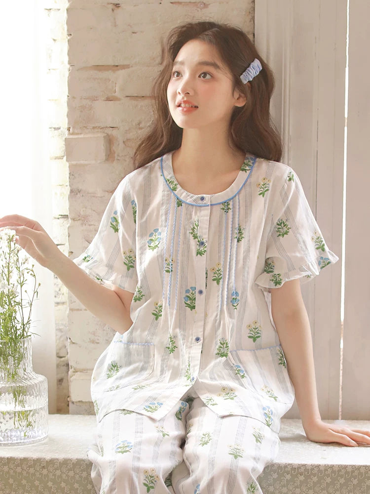 Yay üçün yastıqlı pijama, qadınlar üçün yeni üslub, təmiz pambıqdan qısaqol kəsikli şalvar, şirin çiçəkli krujeva kostyumu, boş ev paltarı