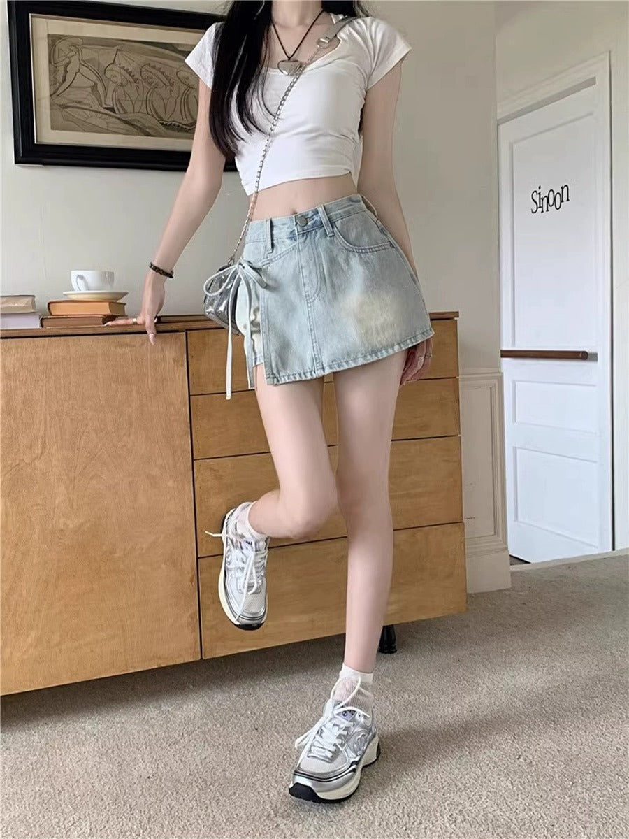 Qadınlar üçün böyük ölçülü retro denim midi ətək, yay üslubunda, yüksək belli, arıqladıcı, ombaya yapışan A-xəttli mini ətək/şalvar.