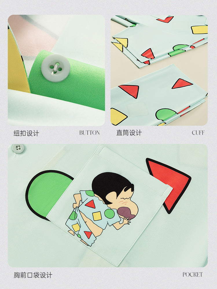 Gongdie [3 parça dəst] Crayon Shin-chan cüt pijama kişi və qadınlar üçün qısaqol yay şalvar, eyni tərzdə qoz pambıq ev paltarı