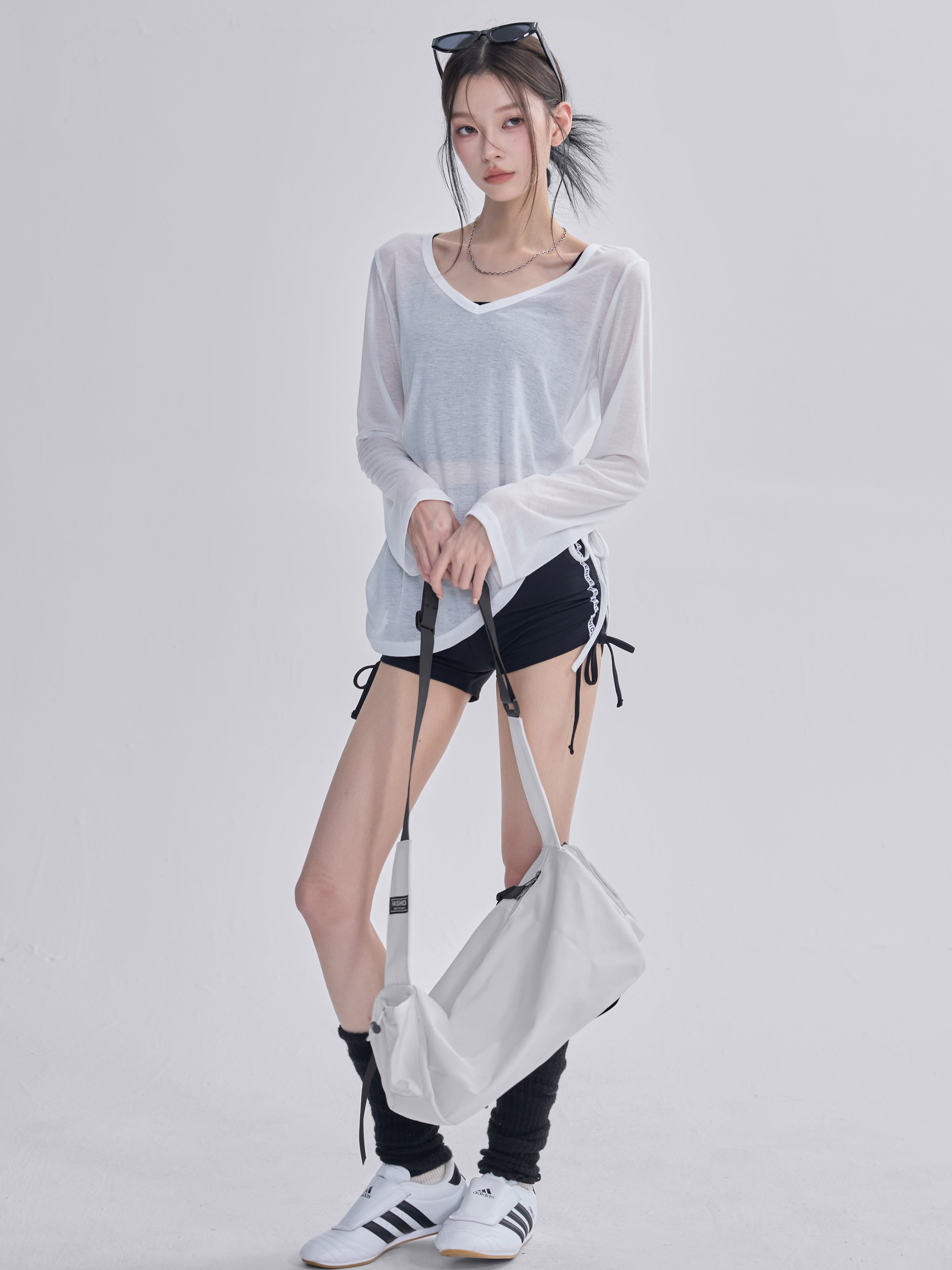 Qadınlar üçün yoqa paltarı bluza, boş arıqlayan uzunqol idman top, yaz və yay fitnes Pilates məşqi ipli nazik köynək