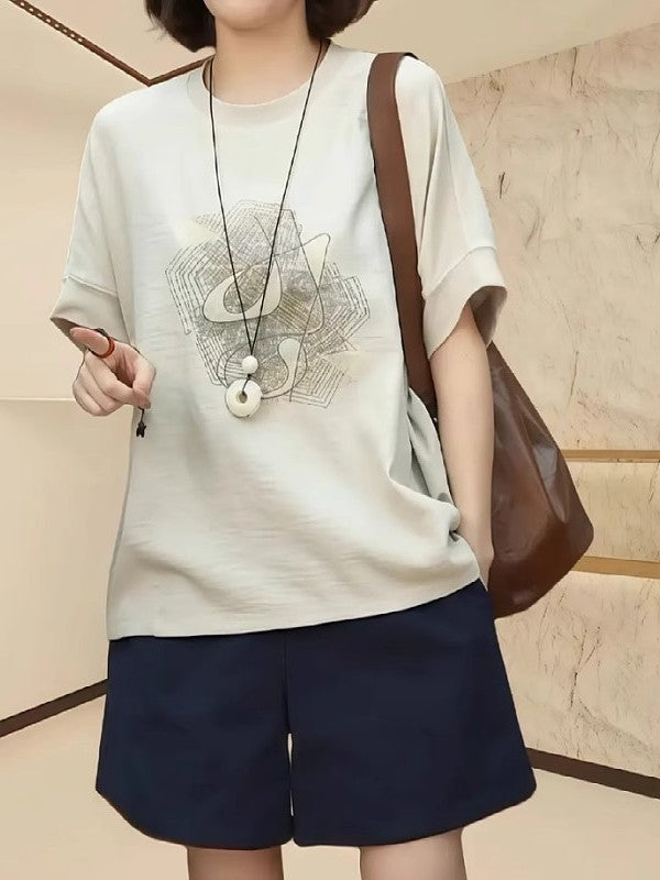 Qadınlar üçün böyük ölçülü, yüksək keyfiyyətli printli qısaqol köynək, yay üslubunda, geniş formalı, arıqladıcı, dəbli, çoxfunksiyalı yarasa qanadlı qollu köynək.