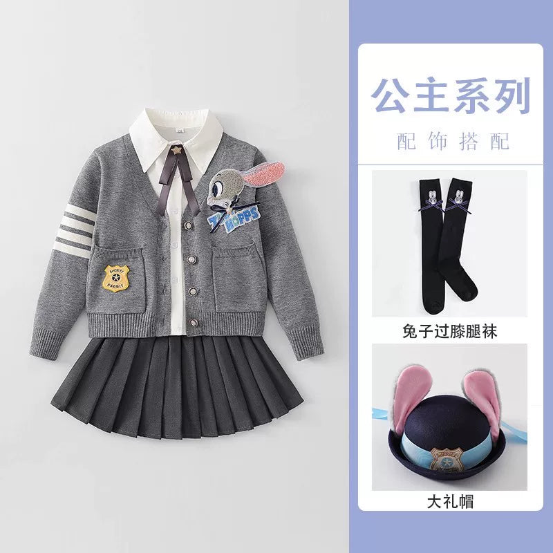 Yeni payız üslubunda qızlar üçün dovşan polis məmuru sviteri üç hissəli dəst, JK ətəyi, dəbli payız və qış uşaq ad günü geyimləri