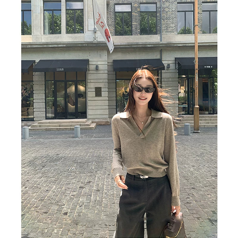 Qadınlar üçün köhnə üslubda polo yaxalıqlı toxunma sviter, payız, tənbəl, zərif, gənc, gündəlik V-yaxalı uzunqol köynək