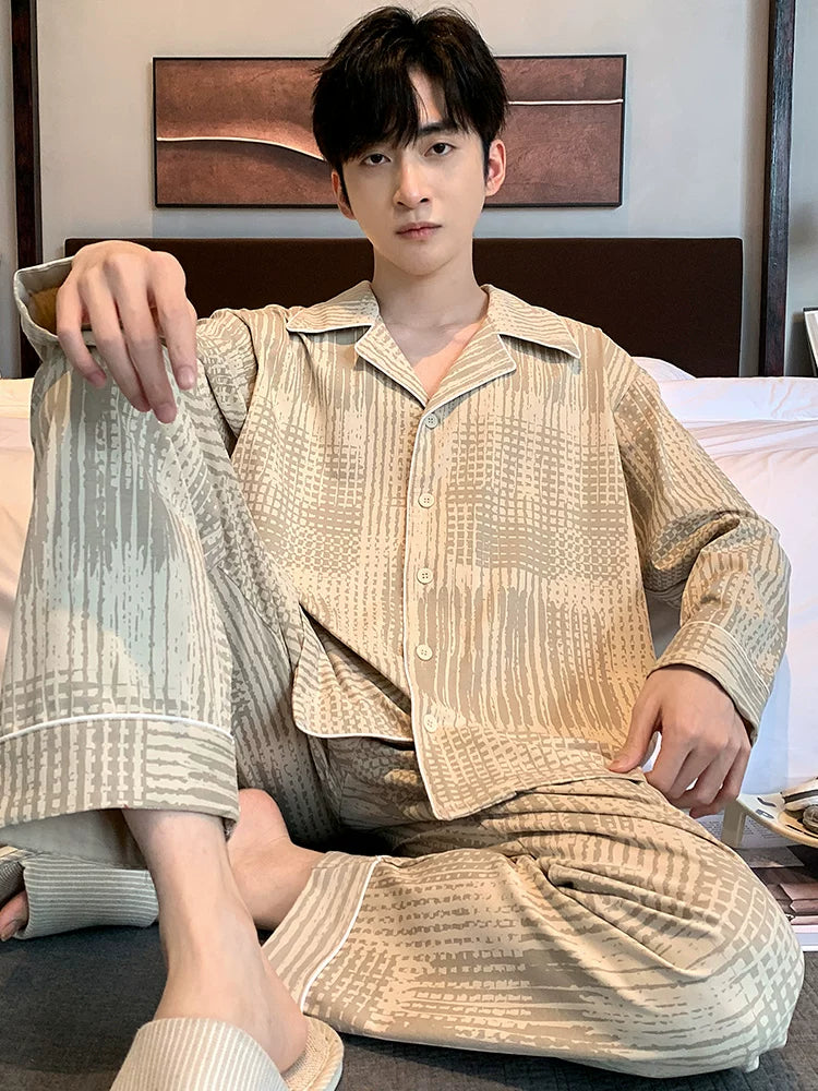 Langsha Kişilər üçün Təmiz Pambıq Pijama 2025 Yeni Yaz və Payız Nazik Uzunqollu Böyük Ölçülü Payız və Qış Kişilər üçün Ev Geyimləri Dəsti