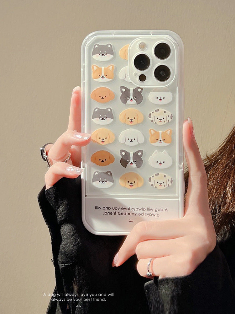 Minimalist Premium iPhone Case for iPhone 16, 16e, 15, 13, Apple 12 Pro Max, Folding Stand, 14-Piece Set, 11 Cartoon Dog Case Plus