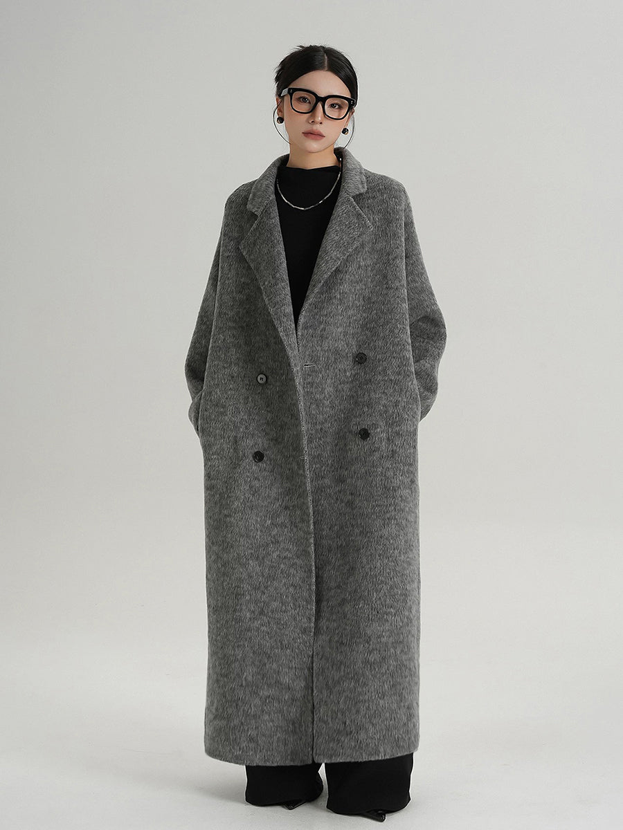 Hündür qadın üçün ikiüzlü yun palto, əlavə uzun, 2025 payız/qış üslubunda, boz, Koreya üslubunda, tüklü yun palto.